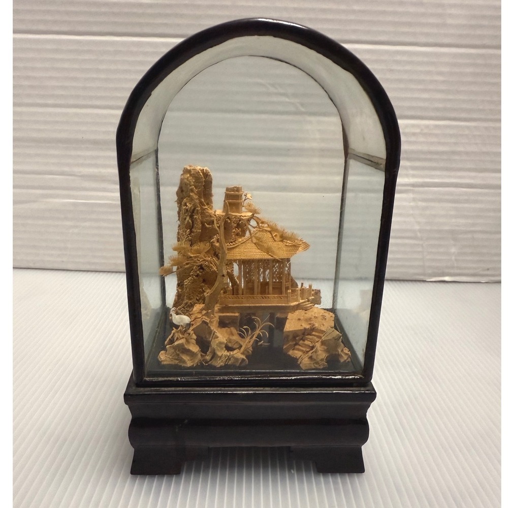 Vintage Fujian China Cork Diorama Art No 208 Pagoda Landscape Glass Case